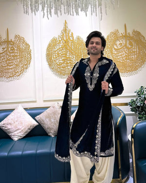 Black Kurta Cream Pajama & Dupatta Embroidery - The Indian Kurta