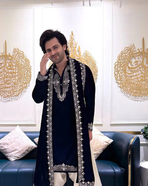 Black Kurta Cream Pajama & Dupatta Embroidery - The Indian Kurta