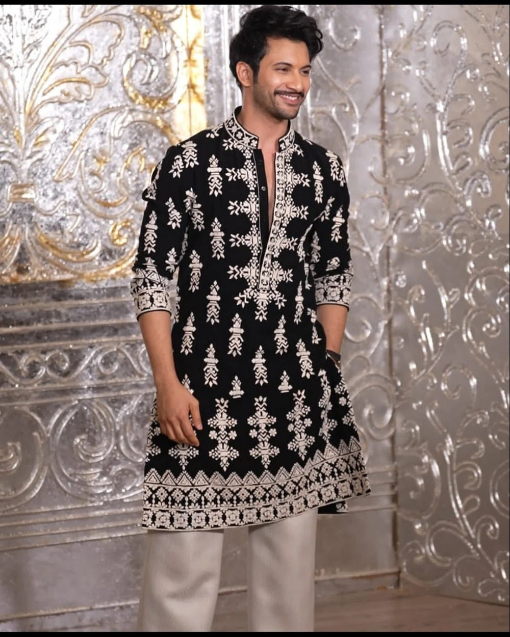 Black Velvat Kurta Pajama With Embroidery - The Indian Kurta