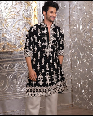 Black Velvat Kurta Pajama With Embroidery - The Indian Kurta