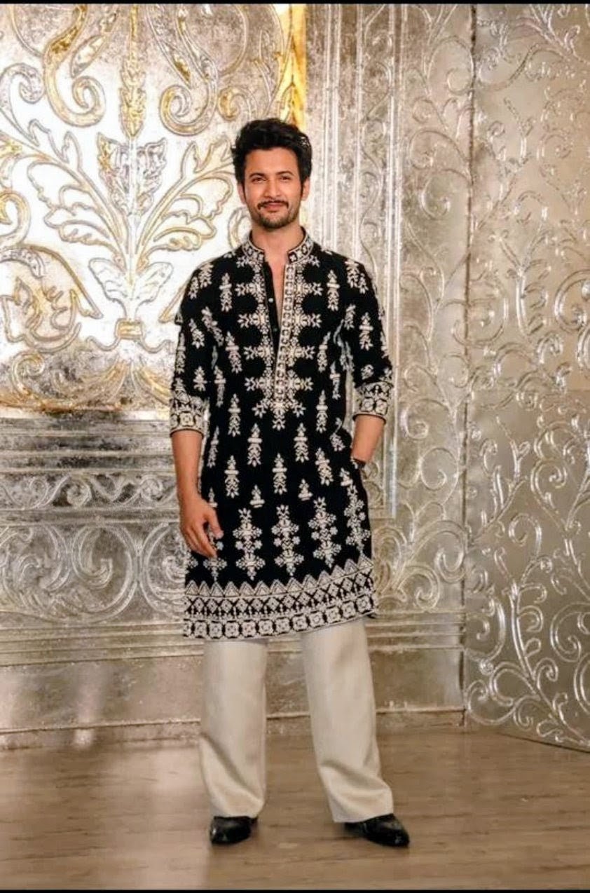 Black Velvet Kurta Pajama With Embroidery - The Indian Kurta
