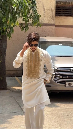Cream Ivory Silk Kurta Set With Embroidery - The Indian Kurta