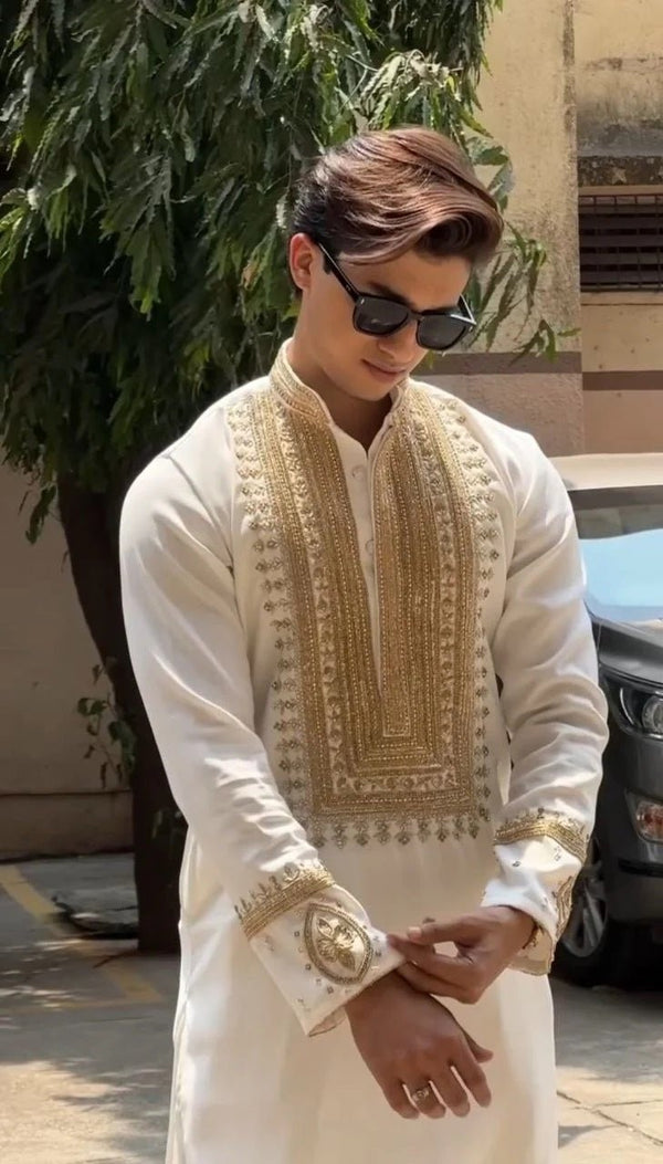 Cream Ivory Silk Kurta Set With Embroidery - The Indian Kurta
