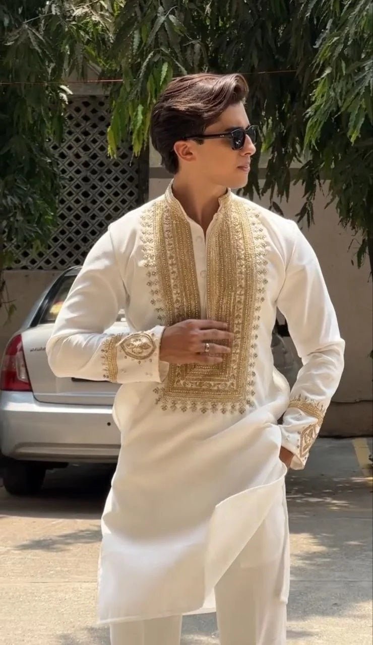 Cream Ivory Silk Kurta Set With Embroidery - The Indian Kurta