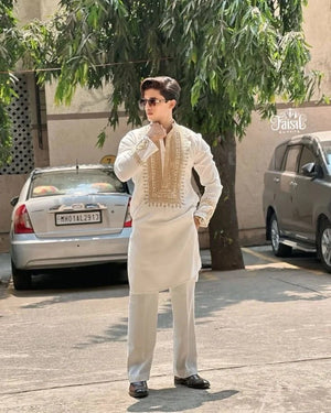 Cream Ivory Silk Kurta Set With Embroidery - The Indian Kurta