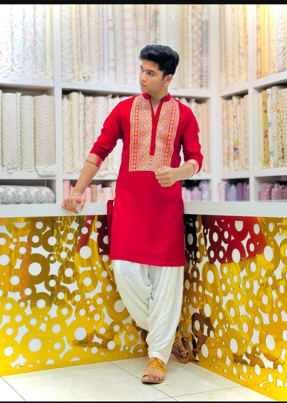 Hot Red Kurta Pajama With Embroidery work - The Indian Kurta
