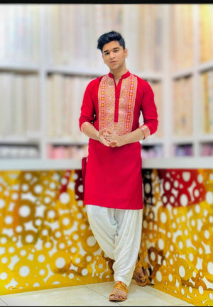 Hot Red Kurta Pajama With Embroidery work - The Indian Kurta