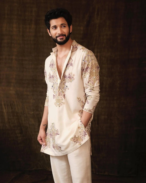 Ivory Embroidered Kurta Pajama Set For Men - The Indian Kurta