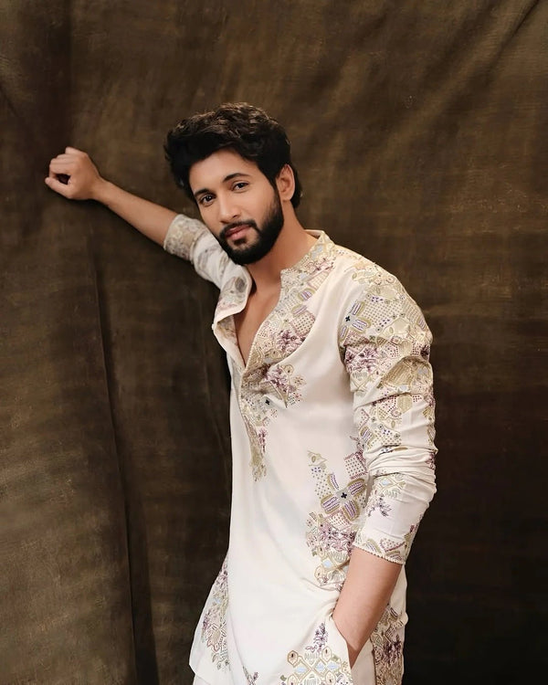 Ivory Embroidered Kurta Pajama Set For Men - The Indian Kurta