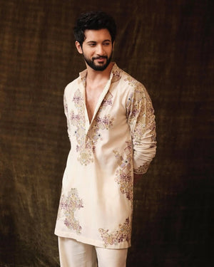 Ivory Embroidered Kurta Pajama Set For Men - The Indian Kurta