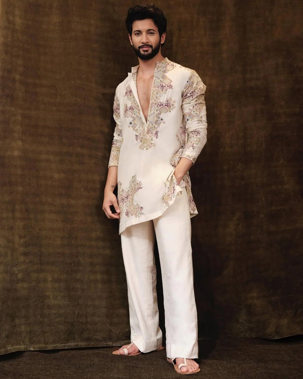 Ivory Embroidered Kurta Pajama Set For Men - The Indian Kurta