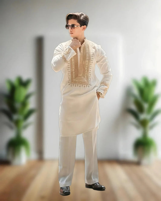 Ivory silk kurta Set With Embroidery - The Indian Kurta