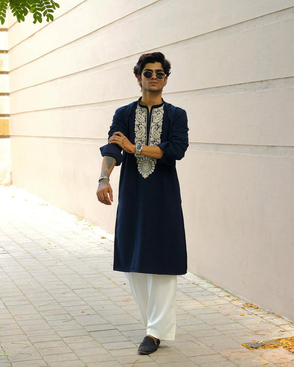 Midnight Blue kurta Set With Sequence Embroidery - The Indian Kurta