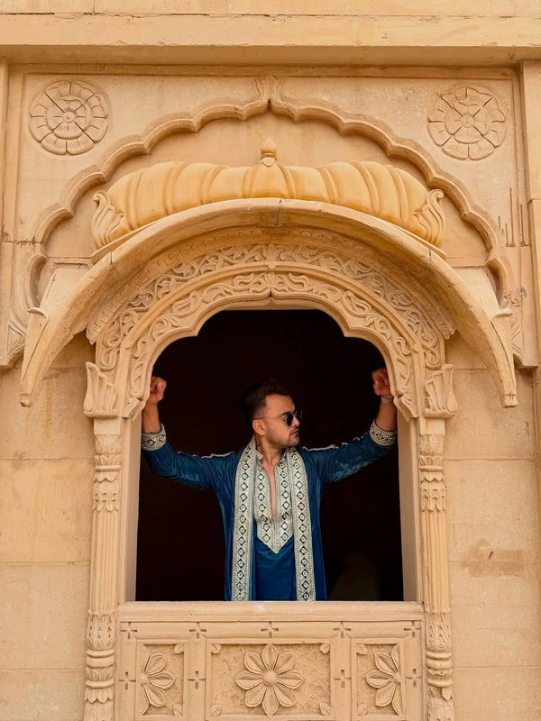 Neavy Blue Kurta Set With Dupata Embroidery Work - The Indian Kurta