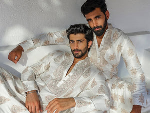 Off White Kurta Pajama Set With Embroidery Work - The Indian Kurta