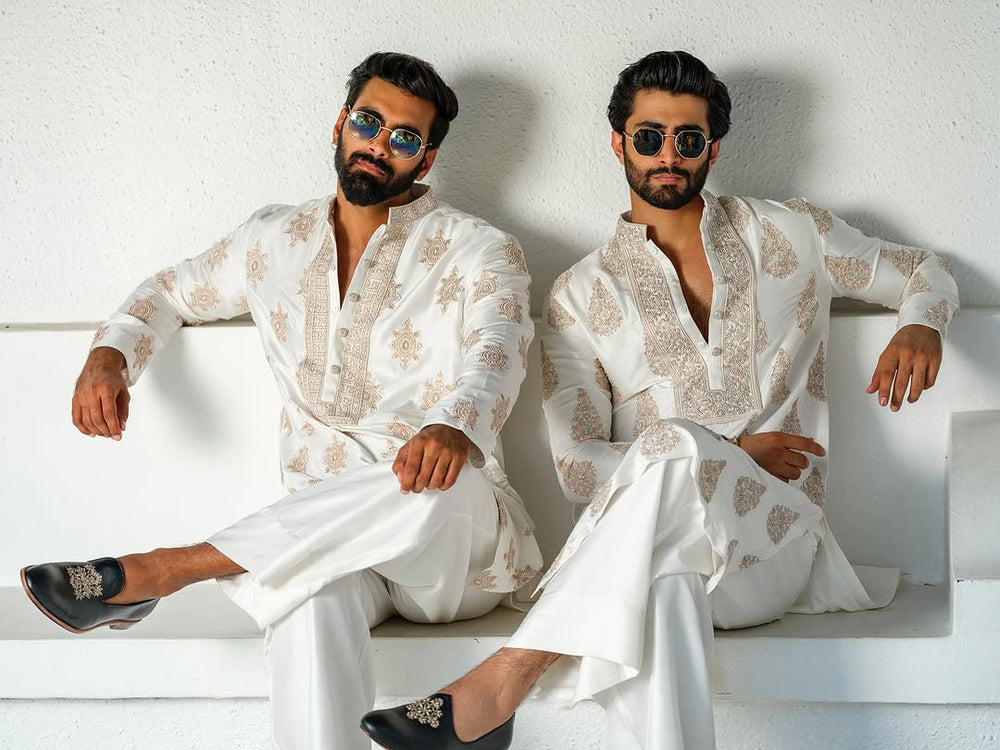 Off White Kurta Pajama Set With Embroidery Work - The Indian Kurta