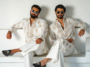 Off White Kurta Pajama Set With Embroidery Work - The Indian Kurta