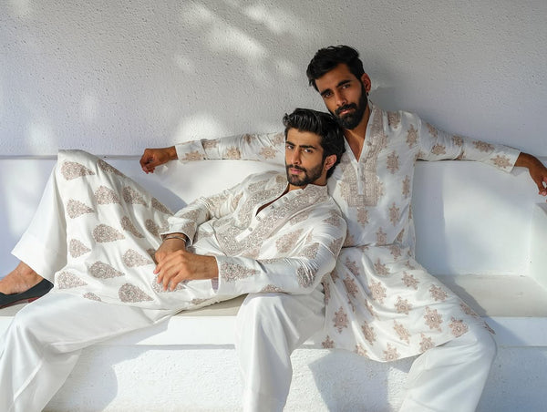 Off White Kurta Pajama Set With Embroidery Work - The Indian Kurta