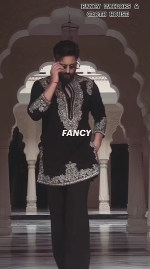 Black Royal Threadwork Kurta Set With Pyjama