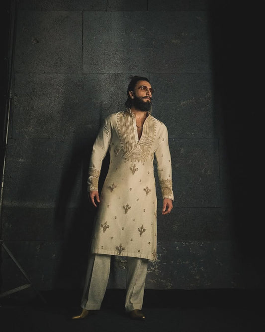 Ranveer Singh Cream Ivory kurta pajama with Embroidery - The Indian Kurta