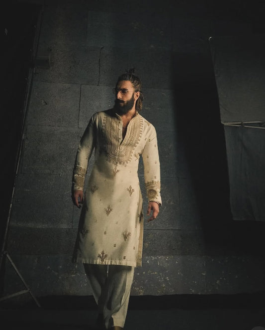 Ranveer Singh Cream Ivory kurta pajama with Embroidery - The Indian Kurta