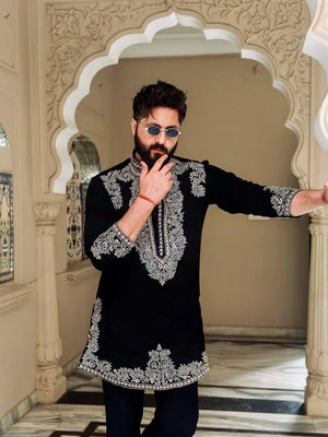 Vinay Rana Black kurta Set With Embroidery work - The Indian Kurta