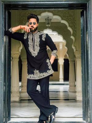 Vinay Rana Black kurta Set With Embroidery work - The Indian Kurta