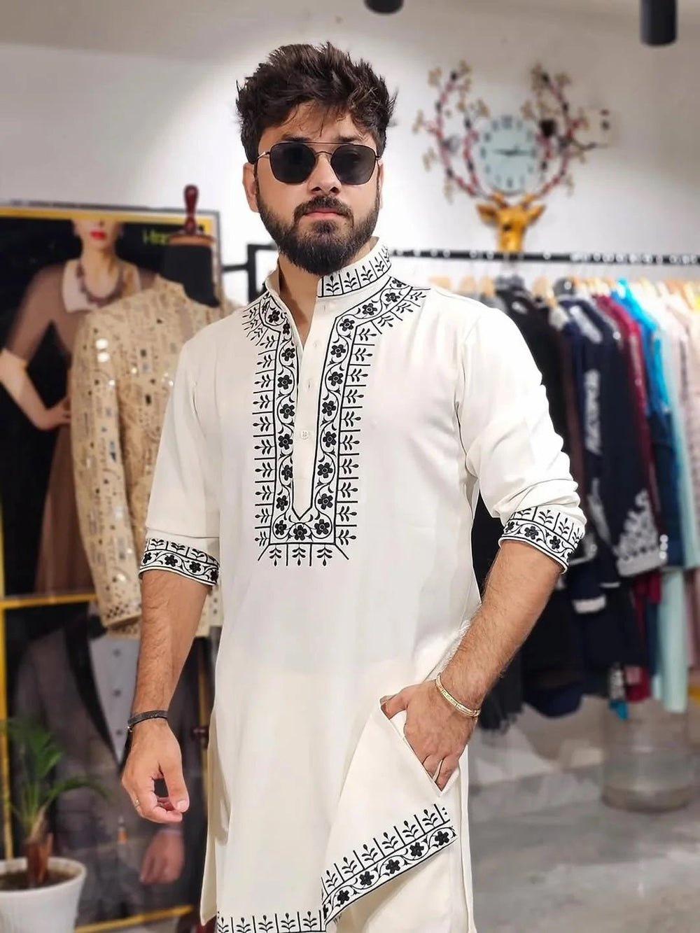 White Hand Embroidery Cotton Kurta Pajama - The Indian Kurta