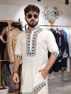 White Hand Embroidery Cotton Kurta Pajama - The Indian Kurta
