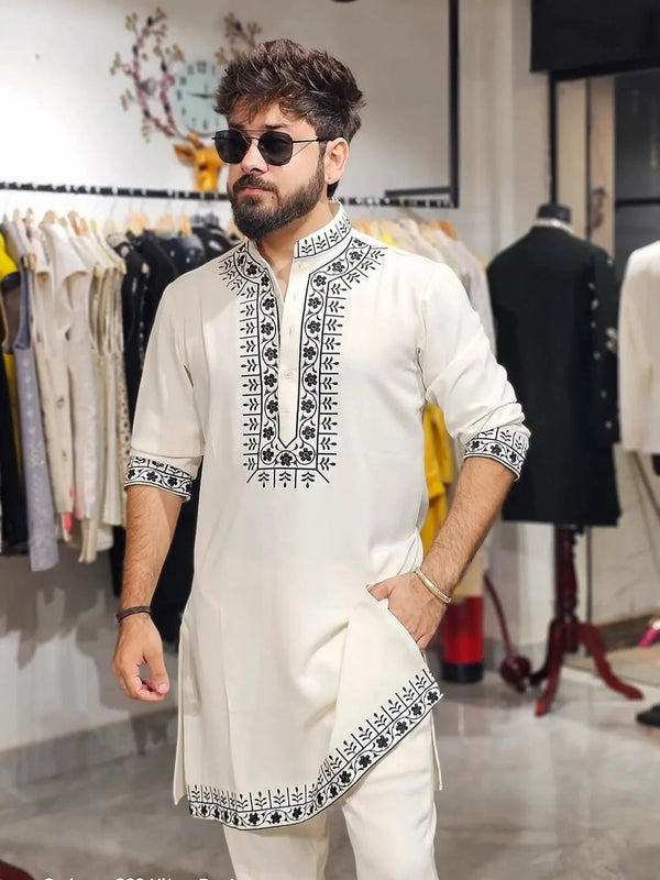 White Hand Embroidery Cotton Kurta Pajama - The Indian Kurta