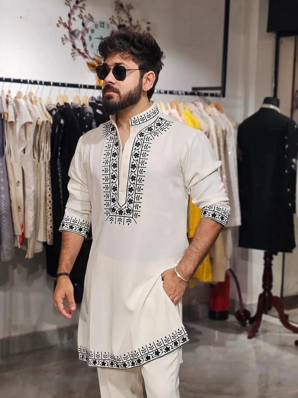 White Hand Embroidery Cotton Kurta Pajama - The Indian Kurta