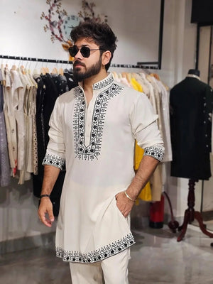 White Hand Embroidery Cotton Kurta Pajama - The Indian Kurta