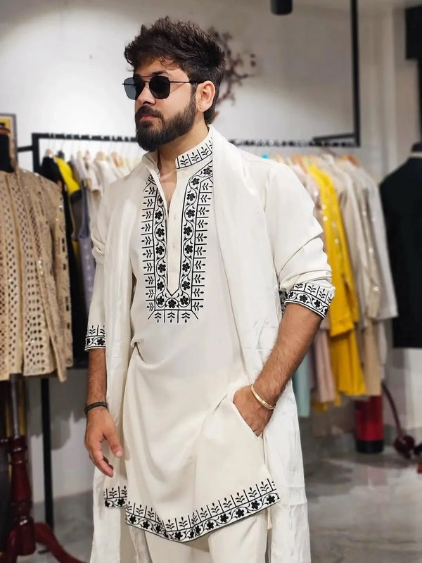 White Hand Embroidery Cotton Kurta Pajama - The Indian Kurta