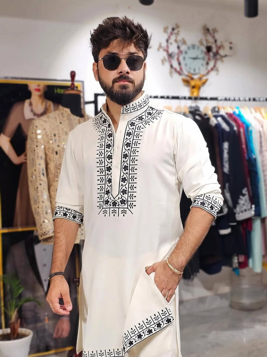 White Hand Embroidery Cotton Kurta Pajama - The Indian Kurta