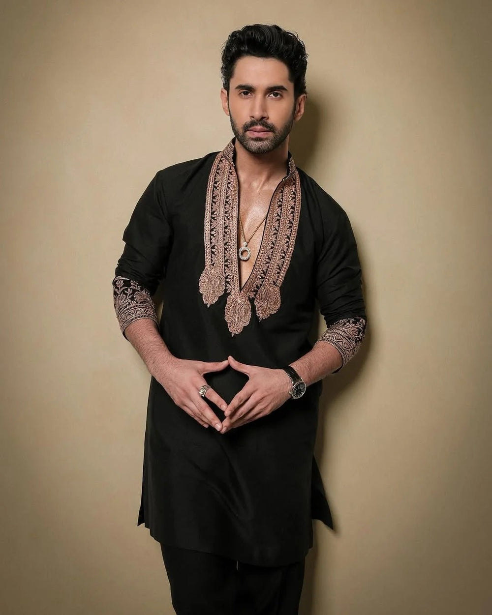Z Black Kurta Pajama Set With Embroidery - The Indian Kurta