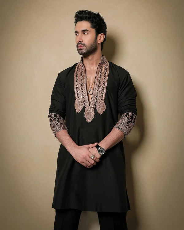 Z Black Kurta Pajama Set With Embroidery - The Indian Kurta