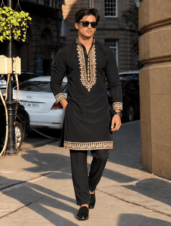 Z Black Royal Kurta pyjama Set With Embroidery - The Indian Kurta