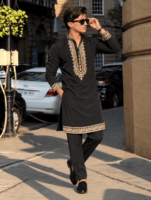Z Black Royal Kurta pyjama Set With Embroidery - The Indian Kurta