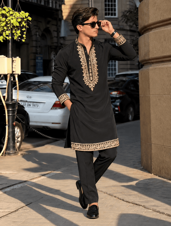 Z Black Royal Kurta pyjama Set With Embroidery - The Indian Kurta