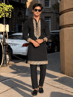 Z Black Royal Kurta pyjama Set With Embroidery - The Indian Kurta