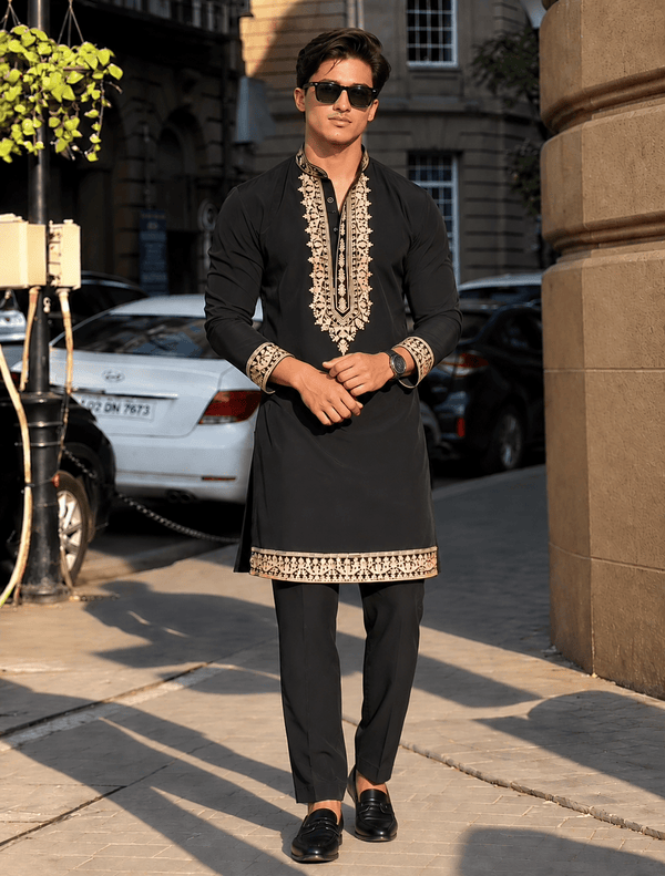 Z Black Royal Kurta pyjama Set With Embroidery - The Indian Kurta