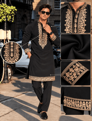 Z Black Royal Kurta pyjama Set With Embroidery - The Indian Kurta