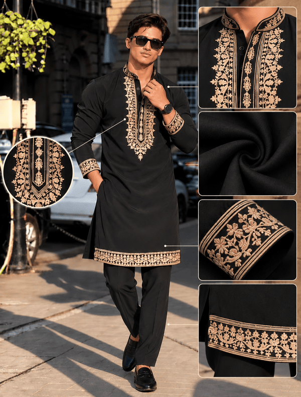 Z Black Royal Kurta pyjama Set With Embroidery - The Indian Kurta