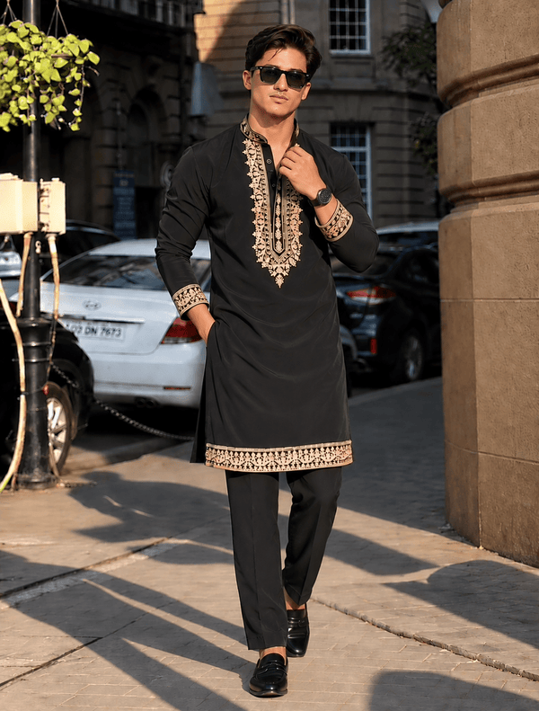 Z Black Royal Kurta pyjama Set With Embroidery - The Indian Kurta