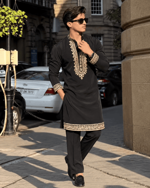 Z Black Royal Kurta pyjama Set With Embroidery - The Indian Kurta